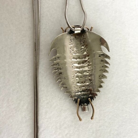 Sterling Silver 925 14K Yellow Gold Manta Ray Trilobite Pendant Necklace 25" - Picture 7 of 16